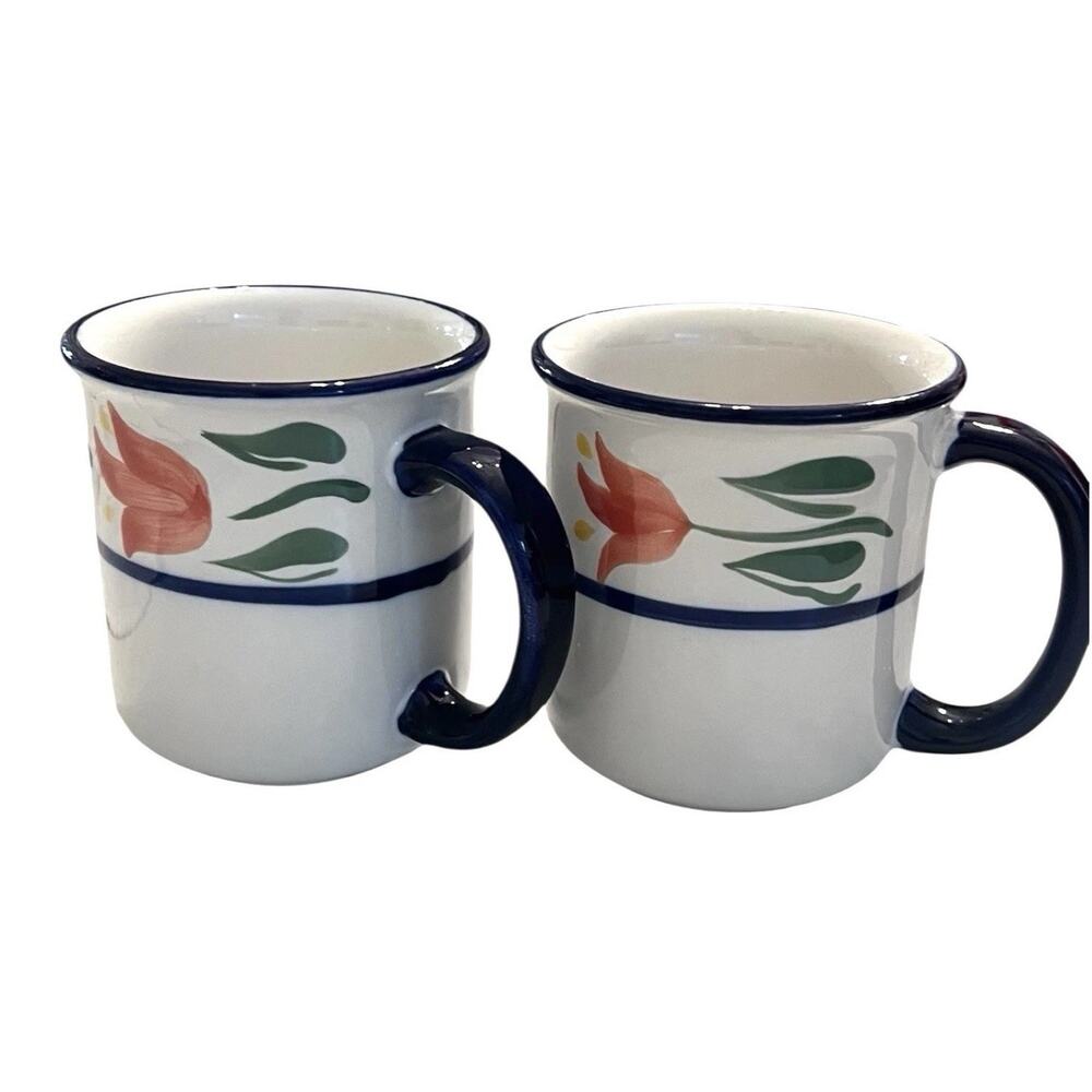 VTG DANSK 2 Coffee Cup Mug Tulip Blue Yellow Peach Flowers Floral Indonesia 2000